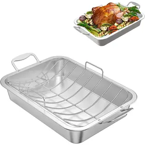 Roasting Pan with Rack for Turkey, Stainless Steel  Rectangular Barbecue Bakeware Roaster Pan with Nonstick U-Rack for Indoor/Outdoor Oven Cooking