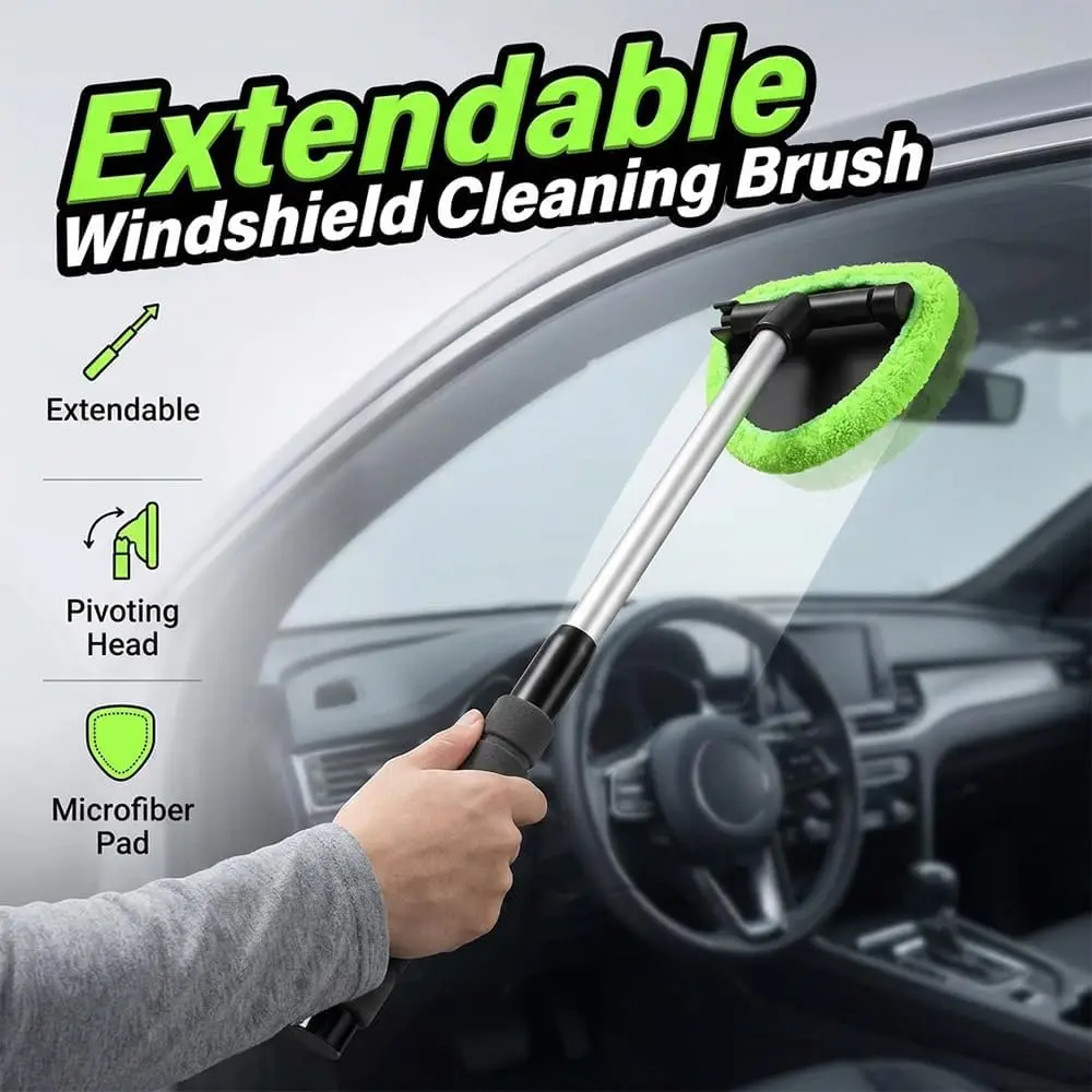 8-Piece Car Windshield Cleaning Kit – Extendable Handle, Microfiber Pads, Brush & Empty Spray Bottle for Auto Glass, SUVs, RVs, and Home Windows (Green)