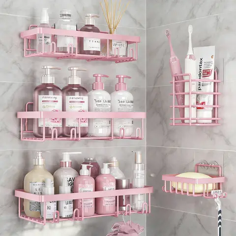 Rust-proof Iron 5-Piece Pink Drill-Free Wallmount Shower Caddy Set - Heavy-Duty Adhesive Bathroom Organizer with Toothbrush, Soap, Shaver Holders, Plug-and-Play Installation, Toiletry Storage, Declutters for Neat Bathroom, Adds Style, Dorm Essential