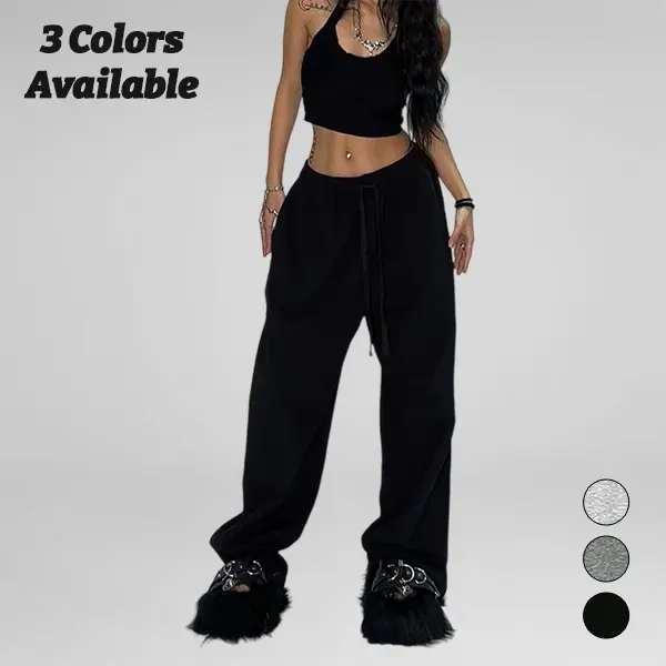 Women Y2K High Street Drawstring Wide Leg Sweatpants, Elastic High Waist With Extra Long Drawcord, Flowy Floor-length Draped Silhouette, Soft Light Knit Fabric, Loose Casual Street Trousers Available In White, Heather Grey And Black 3 Neutral Shades