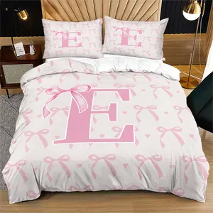 Alphabet A-N bow quilt cover, pink romantic and dreamy, perfect for bedroom decoration as a gift, includes 1 quilt cover and 1 or 2 pillowcases, excluding quilt insert and pillow inserts