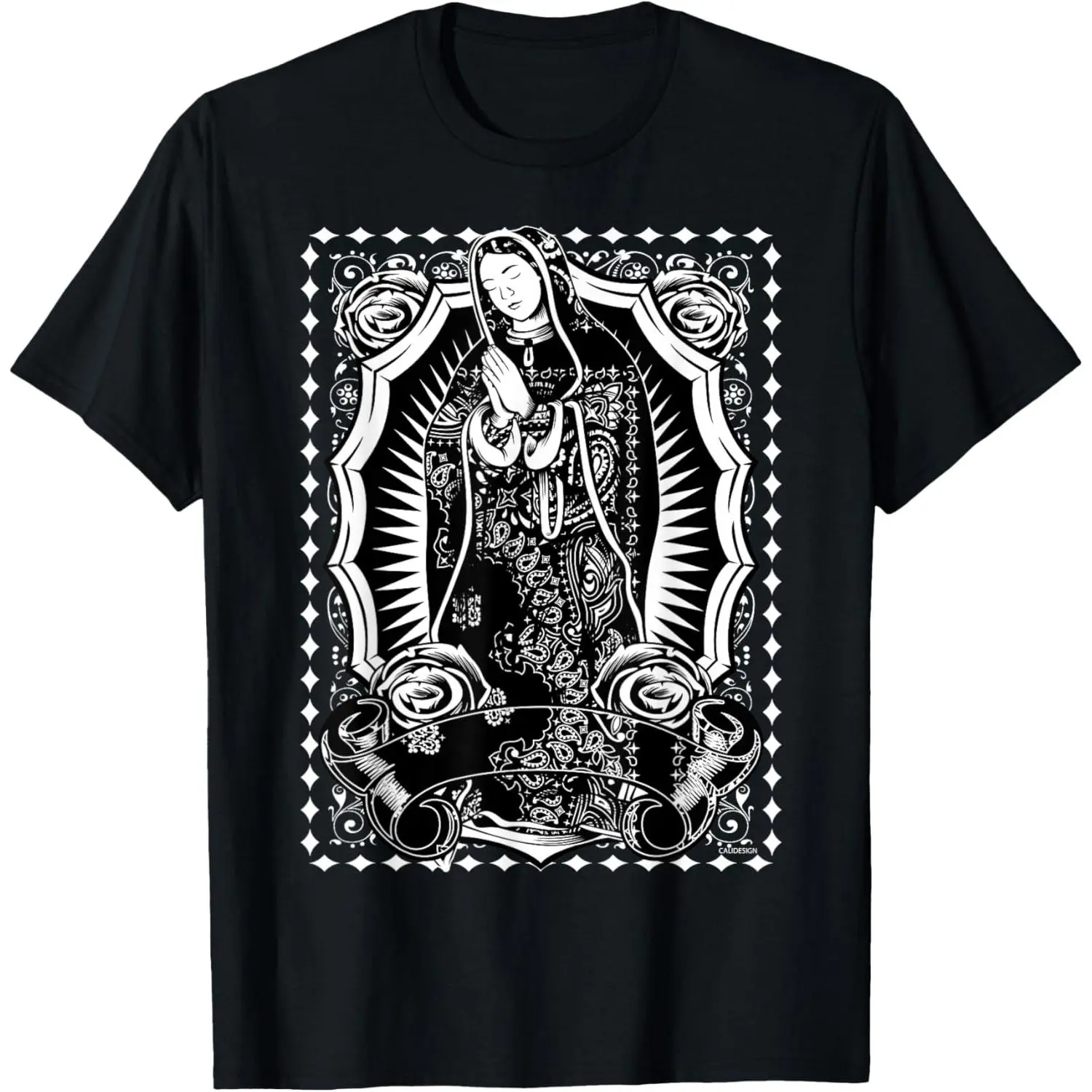 100% cotton Virgin Mary Black White Bandana Print Chicano Art Cholo T-Shirt