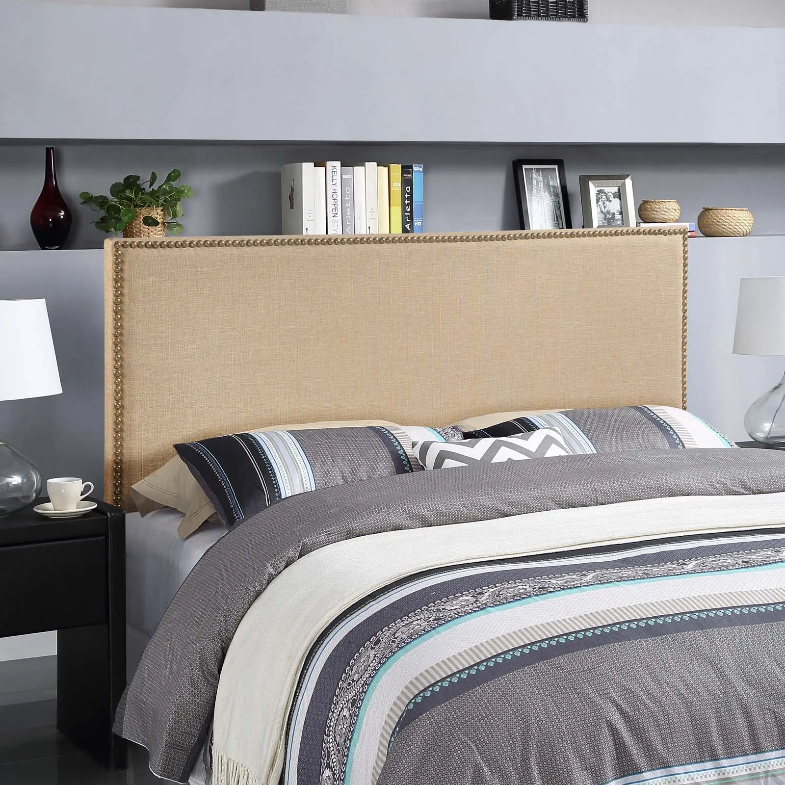 Modway Region Nailhead Queen Upholstered Headboard, Cafe Finish, for Bedroom Decor