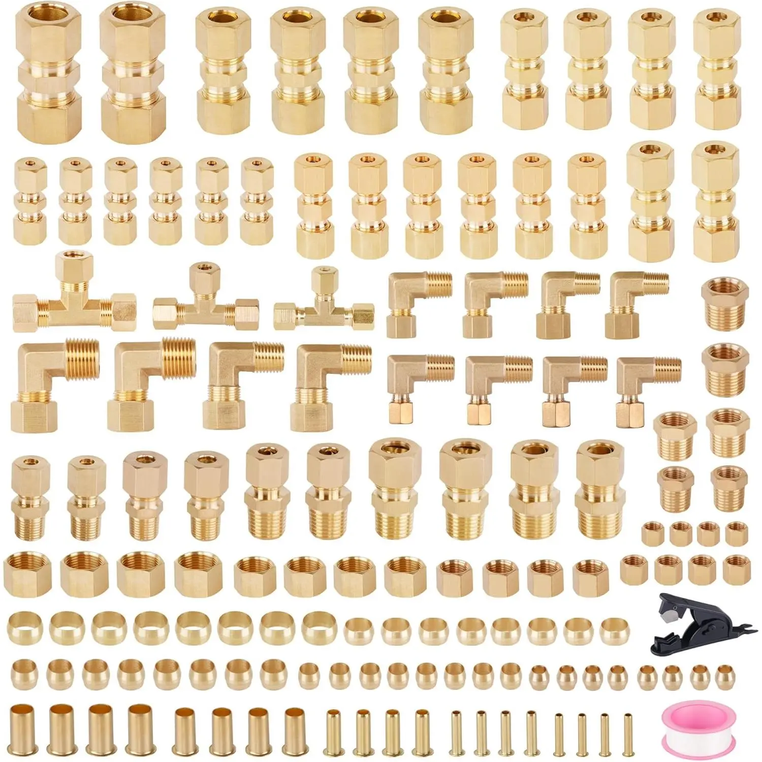 135 count Brass Compression Tube Pipe Fittings Kits, 1/8" 3/16" 1/4" 3/8" 1/2" Union/Tee/Elbow/Straight Connector for Industrial Use and