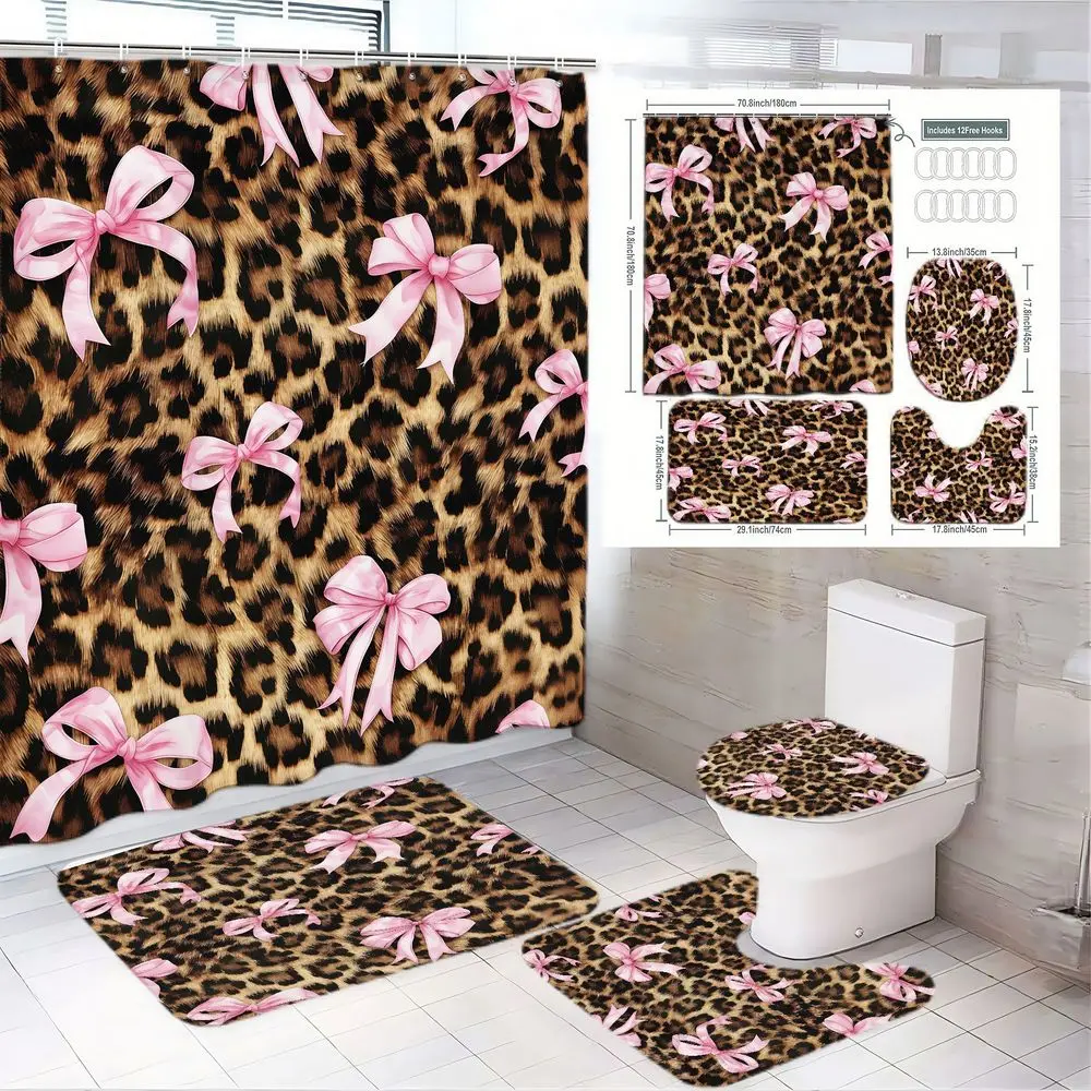 1/4pcs Leopard Print Bathroom Set with Pink Bows - Aesthetic Bathroom Decor, Decorative Shower Curtain Sets, 2 Bath Mats, Toilet Seat Cover - Perfect for Spring, Christmas Decor, Bathroom Gift