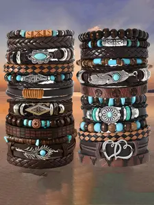 18/24pcs PU Leather Bracelet Set Punk Cuff Wrap Bracelets Leather Braided Bracelet for Men Women Adjustable Perfect for Daily Wear, Gift-Giving,Christmas Gifts Jewelry