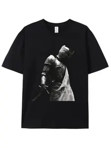 Crowned Knight Sword Graphic T-Shirt - Unisex Black Dramatic Medieval Fantasy Armor Artistic Short Sleeve Crew Neck Streetwear Casual Tee