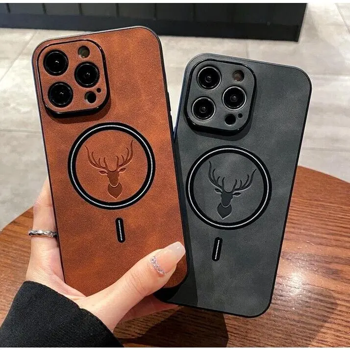 OREKROY Elk Deer Design PU Leather Smartphone Casing For iPhone 17/16/15/14/13/12 Pro Max, Shockproof Magnetic Bumper Case, MagSafe-Compatible, Wireless Charging-Supportive, Anti-Scratch Camera Protection For Handheld Cellphone Devices, Accessories