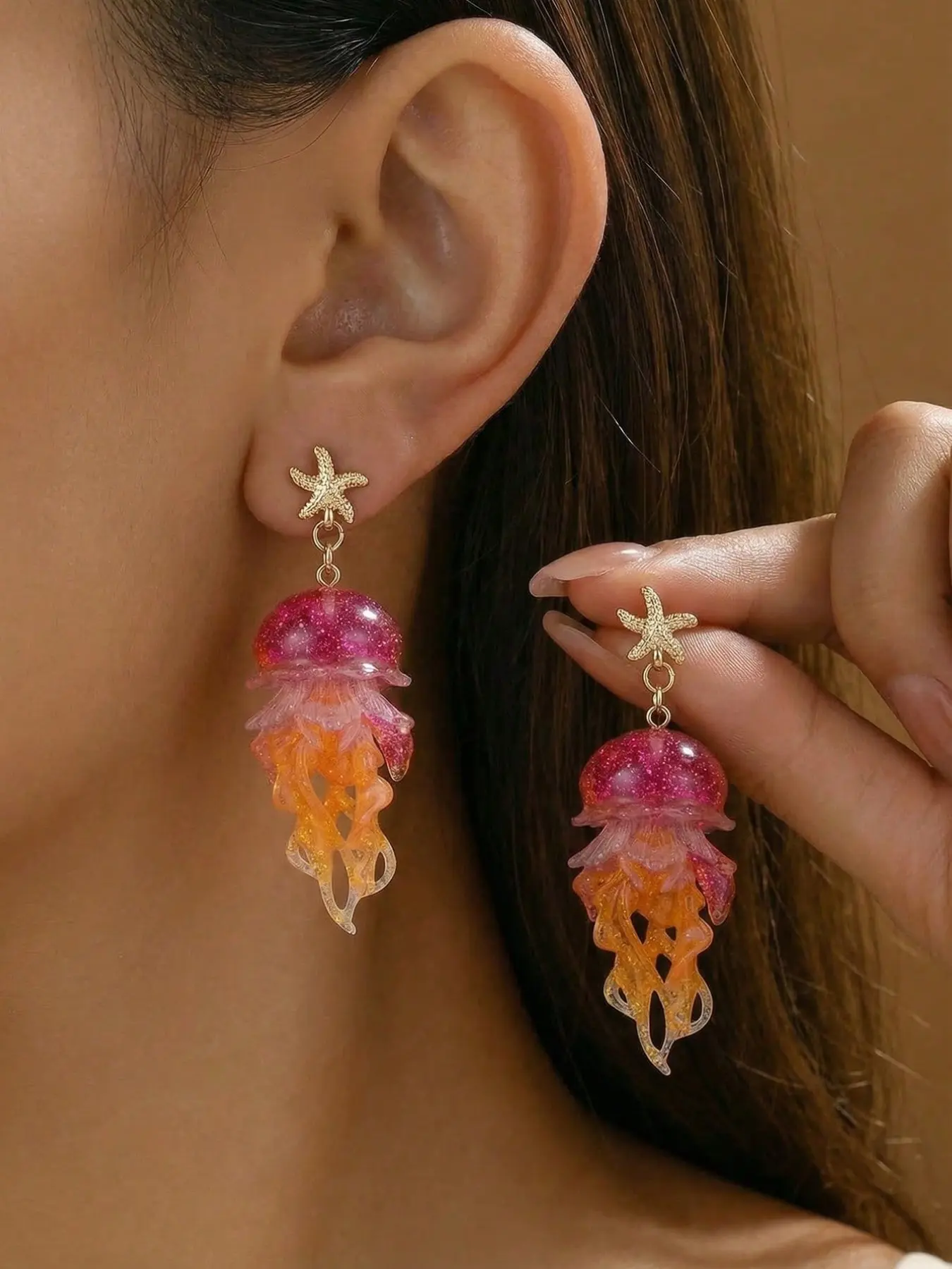 2pcs Gradient Starfish & Jellyfish Earrings, Ocean Vacation Style for Women, Beach/daily Wear, Beachy Earrings, Summer Gift, Fashion Jewelry