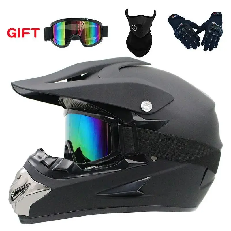 DOT Approved Matte Black Full Face Helmet, Tactical Motorcycle & ATV Helmet with Goggles, Gloves & Face Mask, Windproof Breathable Crash Safety Helmet for Adult Men, Motocross, Dirt Bike, ATV & Off-Road Riding