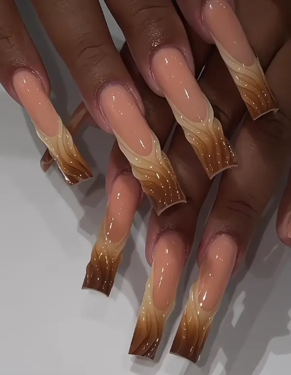 Luxury Brown Ombre 3D Swirl Press On Nails Extra Long Square Nude Caramel Textured Wave Fake Nails Elegant Fall Autumn Reusable Acrylic False Nails Set Trendy DIY Salon Manicure