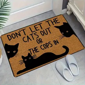 [Bathroom decor doormat] Humorous Cat Flannel Doormat - Anti-Slip, Absorbent, Washable Polyester Rug | "Don't Let the Cats Out or the Cops In" Design for Home, Bathroom, Camping Decor