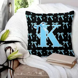 Initial Letter A-N Throw Pillow, 17.71x17.71 Inch, Blue Bow & Heart Pattern Soft Short Plush Cushion, Cute Decorative Pillow for Sofa Bed, Personalized Gift for Girls