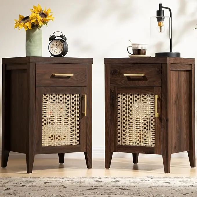 SICOTAS Set of 2 Tall Nightstands with Drawer - Mid-Century Modern Brown Oak Wood Bedside Cabinet, Rustic End Tables with Metal Mesh Storage for Bedroom, Nightstand With Drawers, Modern Bedroom