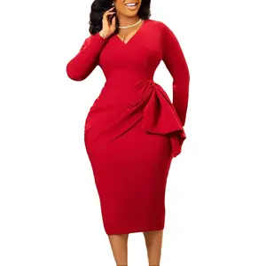 D606 Women's Fashion 2025 Autumn Winter V-Neck Long Sleeve Solid Color Ruched Bodycon OL Dress with Elastane Material for Office Wear Elegant Formal Style Elegance Womenswear Workwear