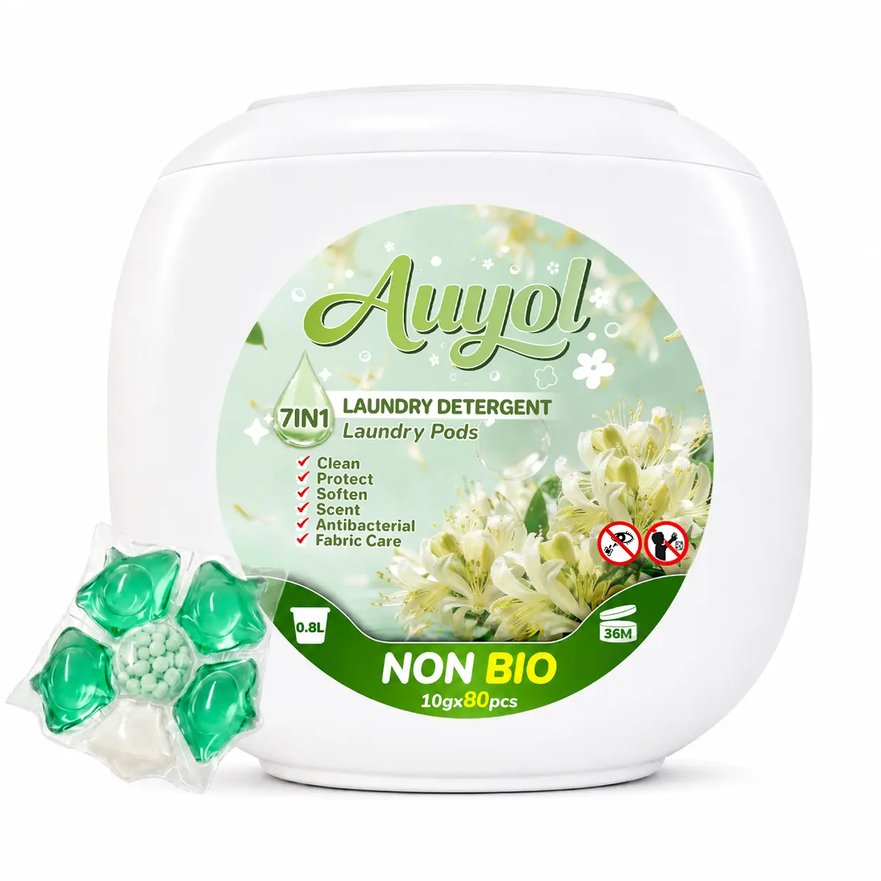 Auyol 4th Gen Laundry Detergent Pods 7 in 1, Peonia Scent, Ultra Fast-Dissolving, Non-Bio Enzyme, Deep Clean & Long-Lasting Freshness A