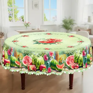 1pc, Spring Summer Themed Party Tablecloth, Buffalo Plaid Watermelon Apple Peony Daisy Floral Printed Design, Rectangular/Round/Oval Table Cloth, Embossed Edge, Suitable For Indoor Outdoor Dining Picnic Dinner Dining Room Decoration
