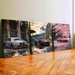3Pc Wooden Framed Canvas Painting, Classic And Modern Sports Cars Posters, Exquisite Poster, Home Decoration, Pattern Wall Art Decor, For Living Room, Bedroom, Office, Restaurant, Bar Wall Decor, Odorless, Painting, Print Artwork.