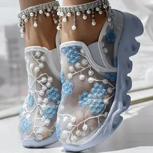 Floral Pattern Sheer Mesh Patch Round Toe Sneakers