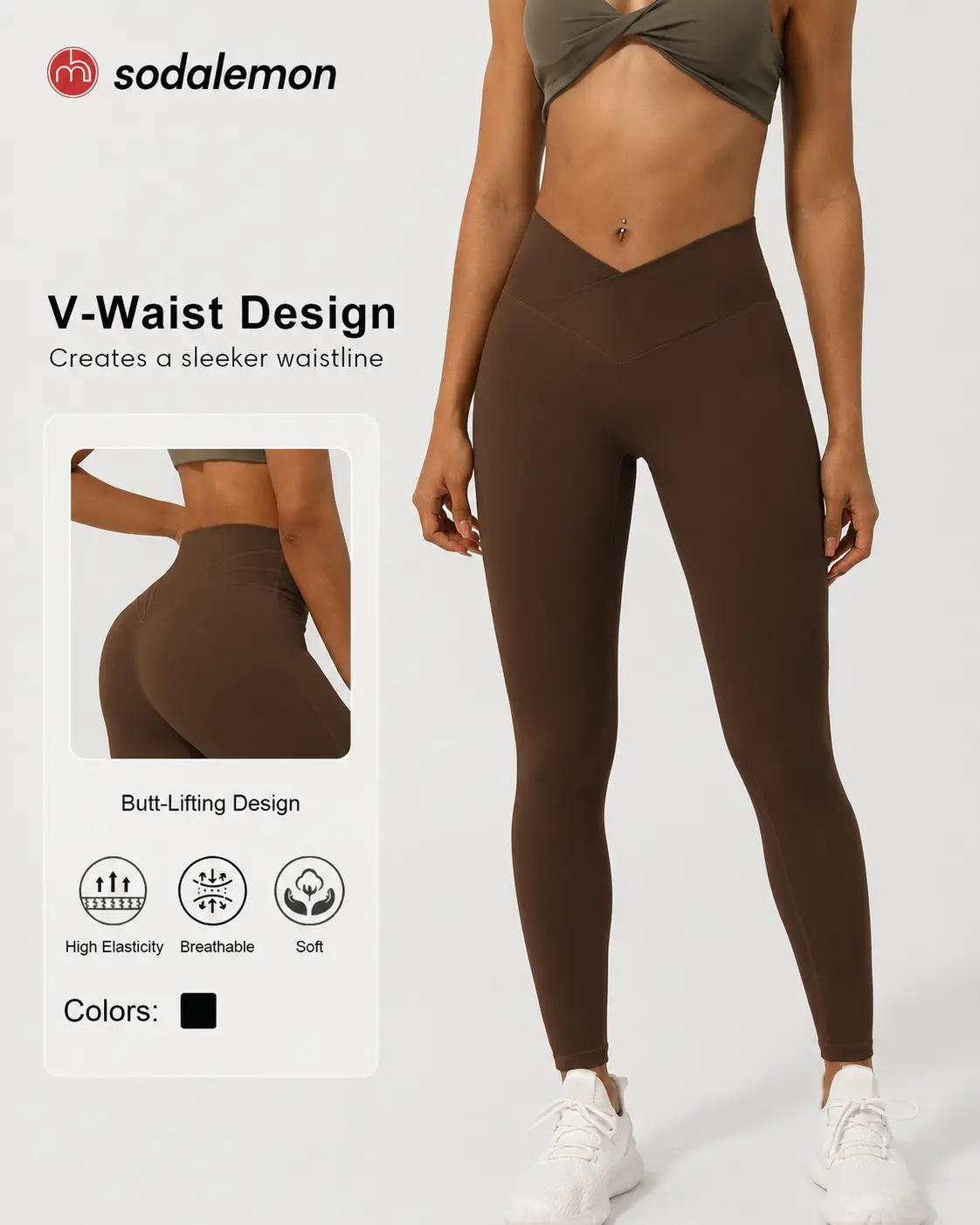 Women V Waist Workout Leggings, High Waisted Butt Lifting Yoga Pants, Soft Stretch Tummy Control Athletic Leggings for Gym, Pilates & Daily Wear, Coffee Brown