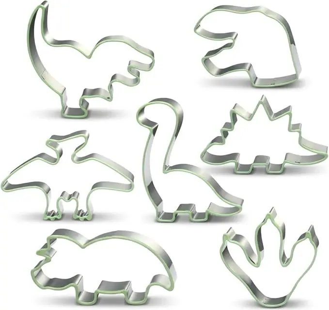 Sturdy 7pcs Stainless Steel Dinosaur Cookie Cutter Kit with Silicone Rim - Dishwasher-Safe Kitchen Baking Molds for Kids' Party Cookies, Fondant