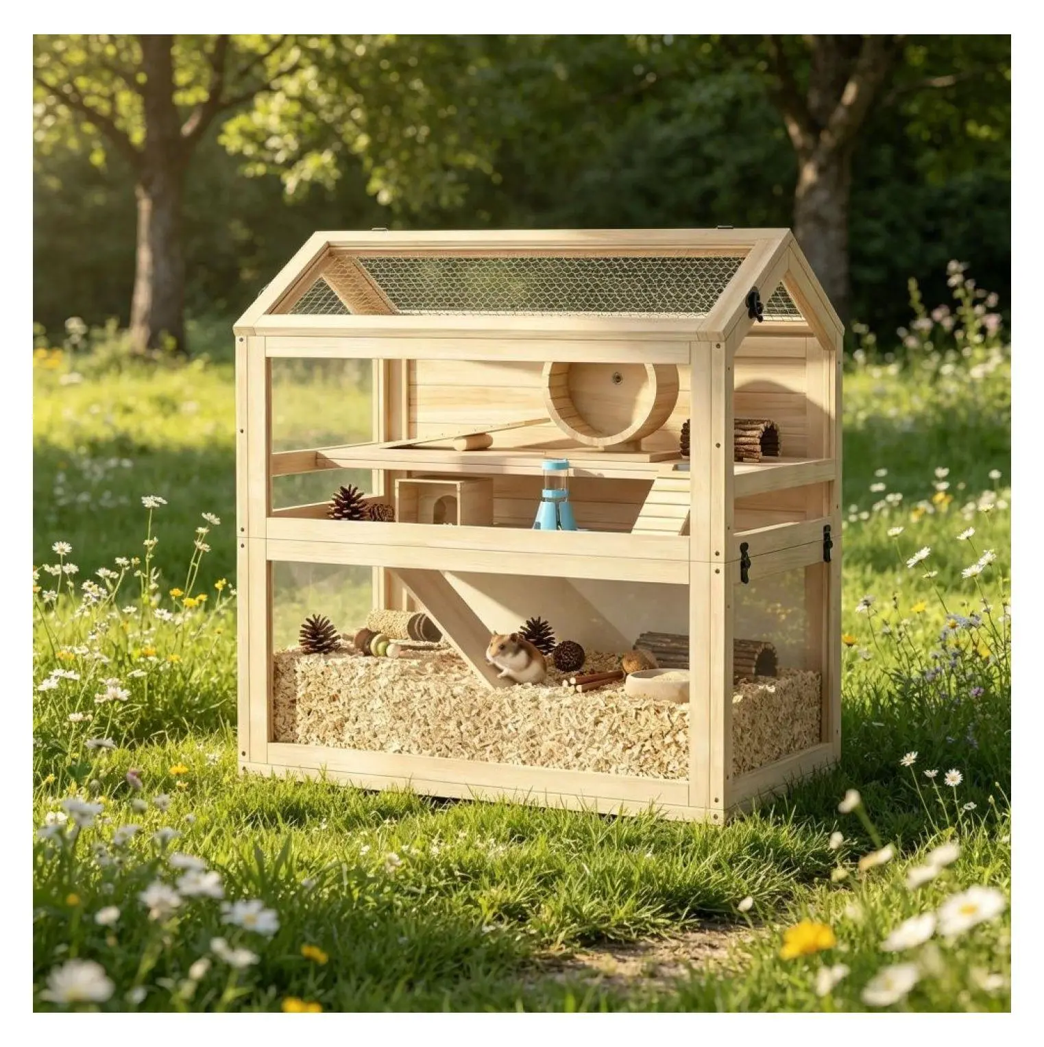3-Tier Wood Hamster Cage - Multi-Level Spacious Small Animal Habitat with Acrylic Panels, Easy Access Design, Chewable Elements & Complete Cage Set Accessories