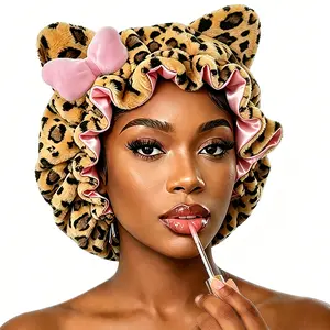 Luxury Double-Layer Leopard Print Silk Teddy Bonnet for Haircare - Adjustable, Breathable Cotton Lining, Fashionable Nighttime Hair Protection for Sleeping & Travel