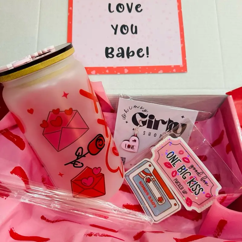 Whimsy Handmade 16oz Glass Valentine Cup with Custom Acrylic Topper, Heart Design, Ideal for Valentine Gifts for Her, Drinkware drinking water bottle Frosted Glass Cup Mug Tumblers