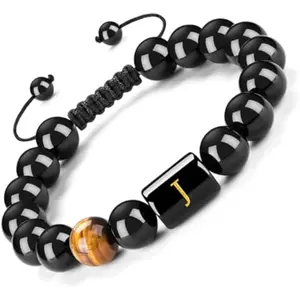 Initials Bracelets for Men Letter Link Handmade Natural Black Onyx Tiger Eye Stone Beads Braided Rope Meaningful Bracelet