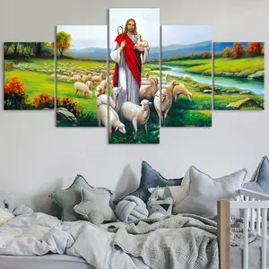 2D flat 5-piece canvas poster of sheep in grassland, modular art. Modern decorative painting ideal for bedroom, living room, kitchen wall decor.