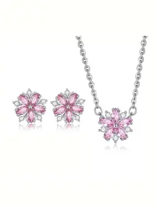 Cherry Blossom Jewelry Set, Includes Cherry Blossom Pendant Necklace and Earrings, Perfect Gift for Women and Girls, Elegant Plain Style