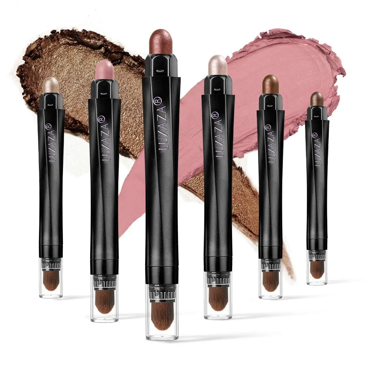 LUXAZA PRO 6-Piece Cream Eyeshadow Stick Set - Pencil Crayon, Shimmer, Blending Brush, Long-Lasting, Crease-Proof, Matte & Metallic Beauty Makeup, Waterproof, Easy Application, All Skin Types, B01-Pink Brown, 100g