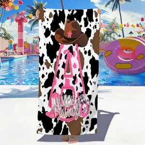 [Beach Towel] Cowboy Western Aesthetic 26 Letter Beach Towel - Personalized Hot Pink Quilted Initial with Cow Print and Birthday Ribbon Design, Premium Digital Printing Microfiber Soft Quick Dry Towel for Pool, Bathroom and Summer Beach Party Essentials