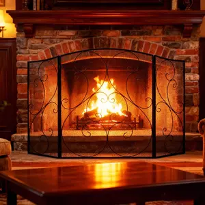 Living Room Fireplace Screen, 51.2" Wide 3-Panel Foldable Spark Guard Cover - Wrought Iron Safety Gate, 30.7" H, Black Home Decor