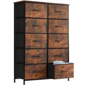 Tall Dresser for Bedroom with 10 Fabric Drawers, Organizer Units for Closet, Storage Tower with Cabinet, Metal Frame, Rustic Brown Wood Grain Print Dressers