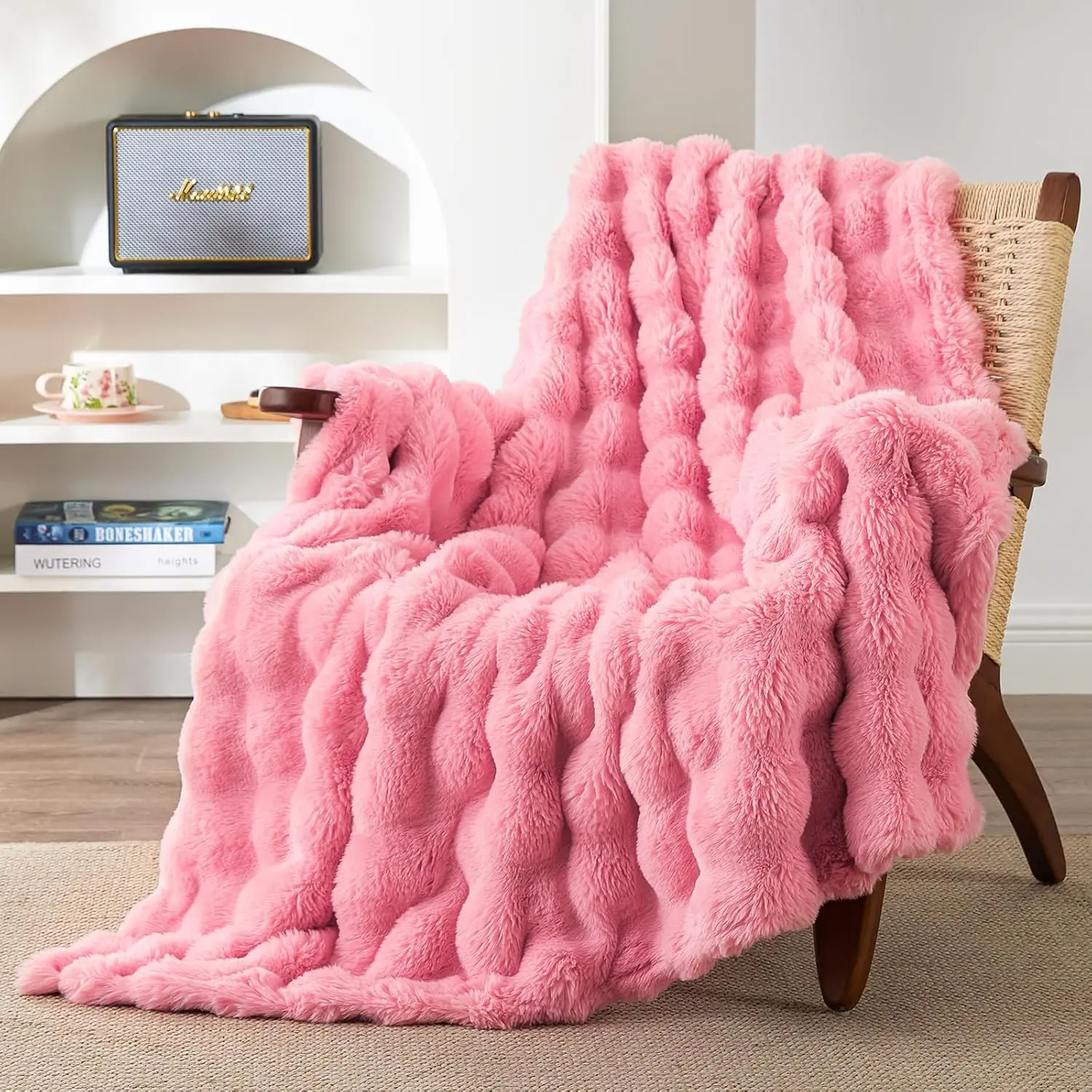 Fluffy Faux Rabbit Fur Throw Blanket - Soft Luxury Double-Sided Bubble Plush, Cuddly Comfy and Cozy Vibes Decorative Plush Throw Blankets for Couch Bed