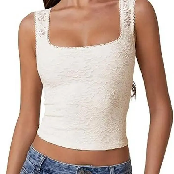 QINSEN Women's Lace Trim Square Neck Sleeveless Double-Layer Tank Top