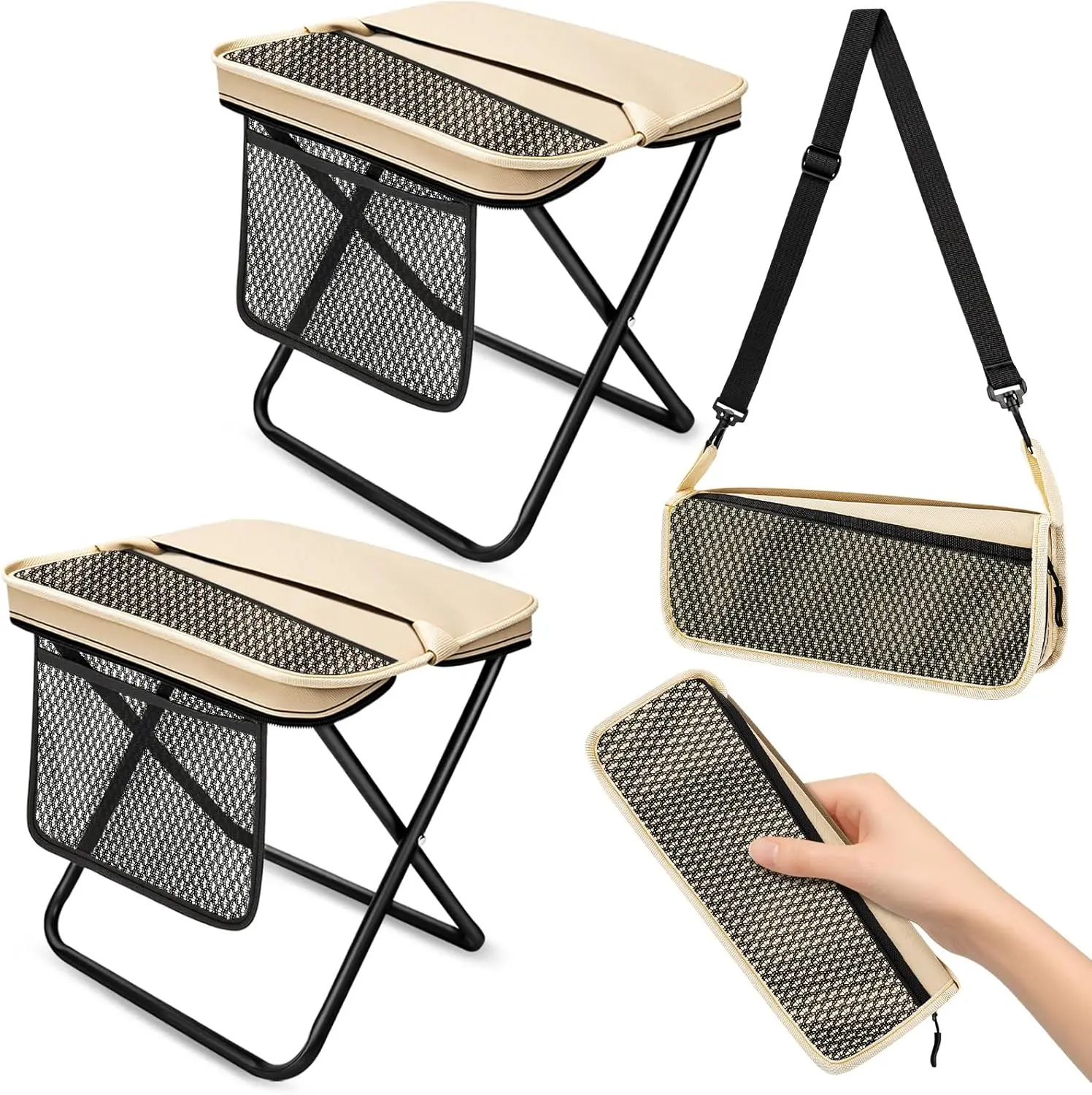 GMOX Foldable Hiking Chair - Collapsible Stools, 12.2"x10.62" Wide Knee-Friendly Seat, Lightweight Folding Oxford Steel Frame, Breathable Mesh, Carry Strap, Quick Fold, Ergonomic Comfort, Beach Chair, Side Pockets, Outdoor Camping Hiking, 12.2"X10.62" Sea