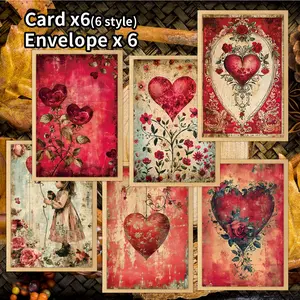 6pcs Vintage Floral Heart Valentine's Day Greeting Cards with Envelopes - Romantic Love Notes for Wife, Husband, Girlfriend, Boyfriend, Perfect for Anniversary, Wedding & Special Occasions Vintage Card Set