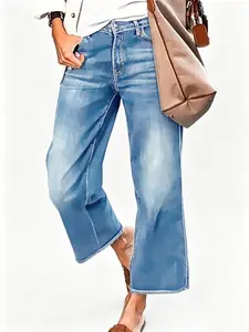 Women's Mid-Waisted High-Stretch Denim Jeans,Straight Wide Leg Jeans for Women Mid Waisted Casual Raw Hem Denim Capris Pants with Pockets High Stretch Fabric Breathable Comfortable Fit