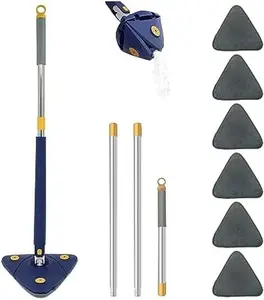 360° Rotatable Adjustable Cleaning Mop, Extendable Triangle Mop 360° Rotatable Imitation Hand Twist Quick Dry Mop Automatic Water Squeezing Mop for Floor/Ceiling/Wall (Blue-with 6 Mop Heads)