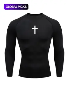 Men's Cross Print Round Neck Sports Tee, Tight Sporty Quick Drying Breathable Long Sleeve T-shirt, Men's Sportswear for Spring & Fall Gym Workout, Athletic Style High Performance Activewear
