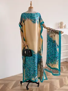 Women's Fashion Print Long Robe Set, Matching Moomoo Dress + Scarf Headband, Casual Woven Fabric, Thin All-Season Wear, Beach Sun Protection