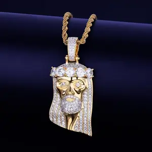 Mens hiphop iced out cubic zirconia cz jesus pendant necklace with 24inch stainless steel rope chain