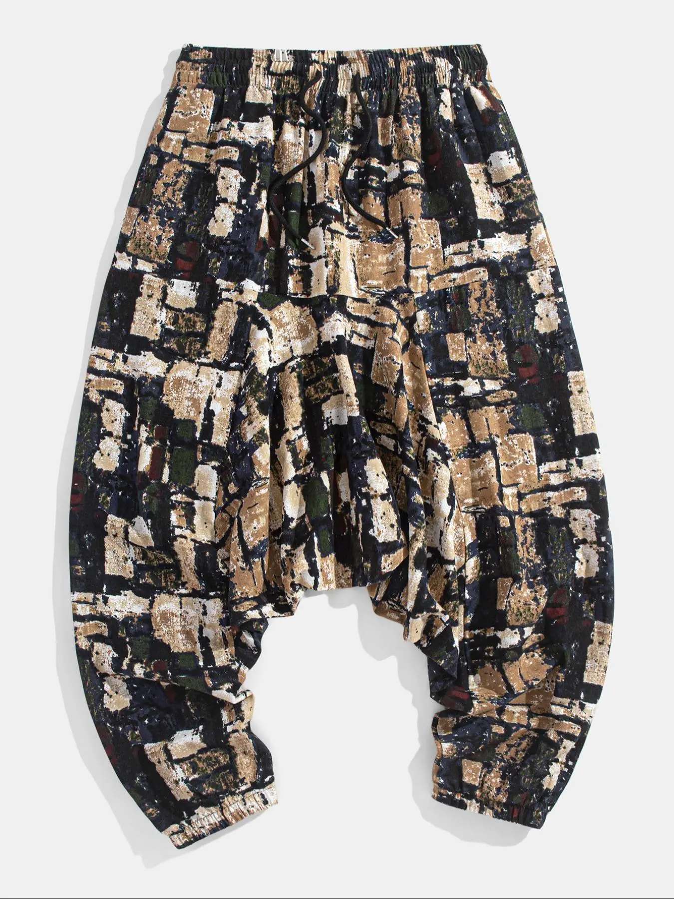 Men's Random Print Drawstring Waist Harem Pants, Casual Comfy Elastic Waist Trousers for Spring & Fall, Men's Bottoms for Daily Wear, Bohemian Street Trousers, Boho Fashion Trousers
