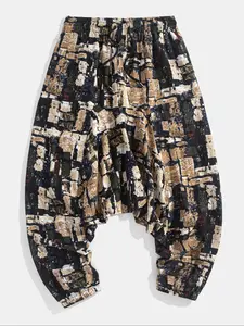 Men's Random Print Drawstring Waist Harem Pants, Boho Casual Comfy Elastic Waist Trousers for Spring & Fall, Men's Bottoms for Daily Wear, Bohemian Street Trousers