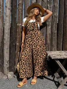 Plus Size Backless Jumpsuit Vintage Leopard Print Lace Trim Casual Vacation Wear, Women's Summer Romper, Comfortable and Stylish