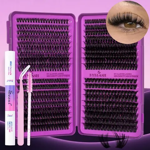 Volume Eyelash Clusters & Eyelash Extensions Set, 30-150D Natural/Dense Cluster Lashes Thin Band, Individual Lash Clusters, DIY Eyelash Clusters Extension, D Curl, Cosmetic Lash Extensions, Includes Bond&Seal, Tweezers, Brush, Daily and Party Makeup