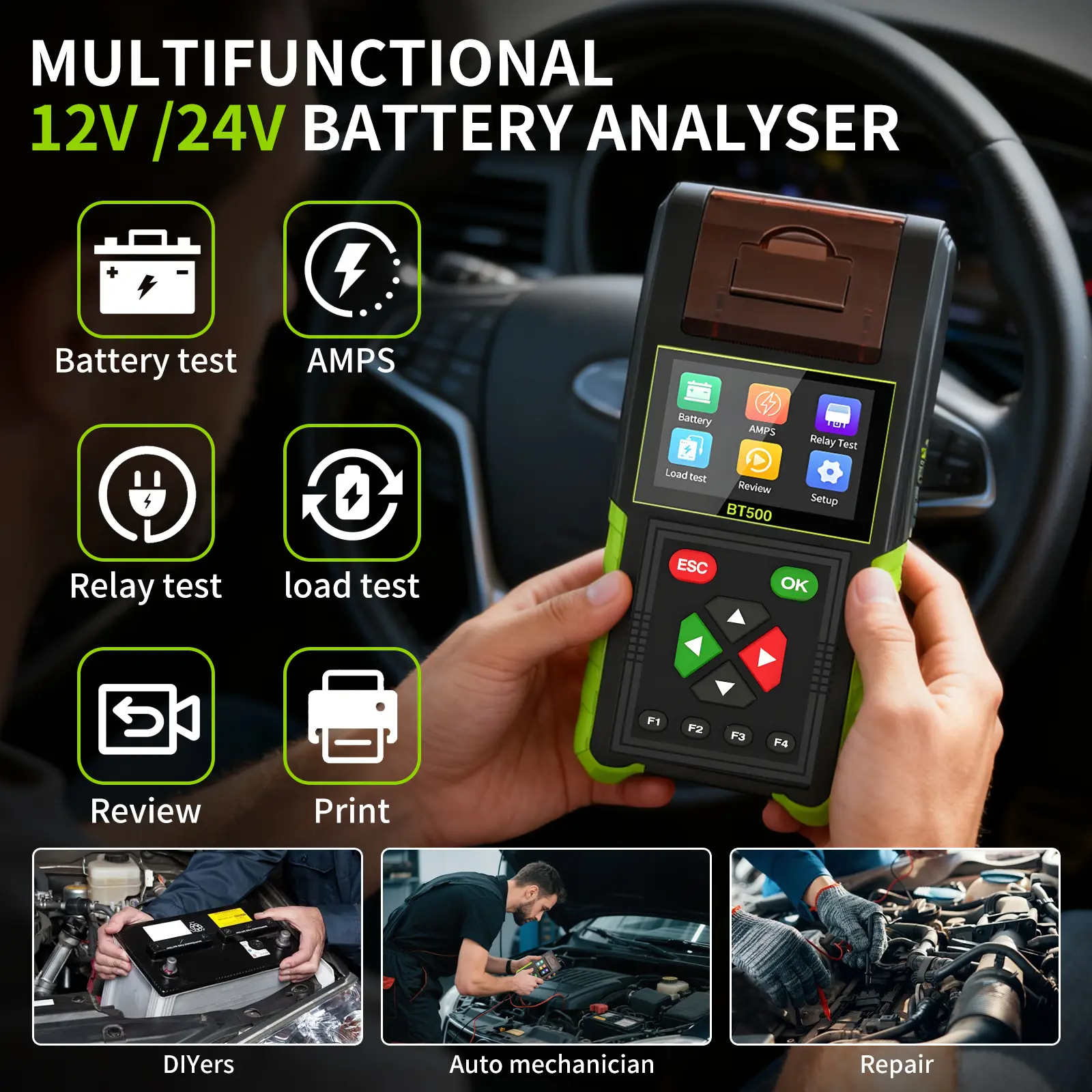 WEDPATA BT500 Handheld Compact Automotive Battery Tester with Printer, 12V-24V 20-2000 CCA Load Testing Tool with Built-in Cells, Amp-Measuring Device for Cars/Motorcycles, Amps