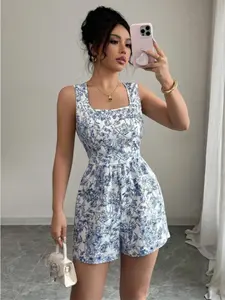 Women's Plants Print Floral Tank Romper, Cute Boho Sleeveless Romper for Beach Holiday Vacation, Ladies Summer Clothes, Womenswear